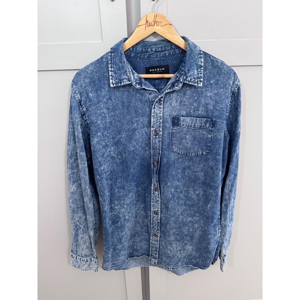 PacSun Mens Acid Wash Blue Denim Long Sleeve Button Down Shirt Medium Cotton